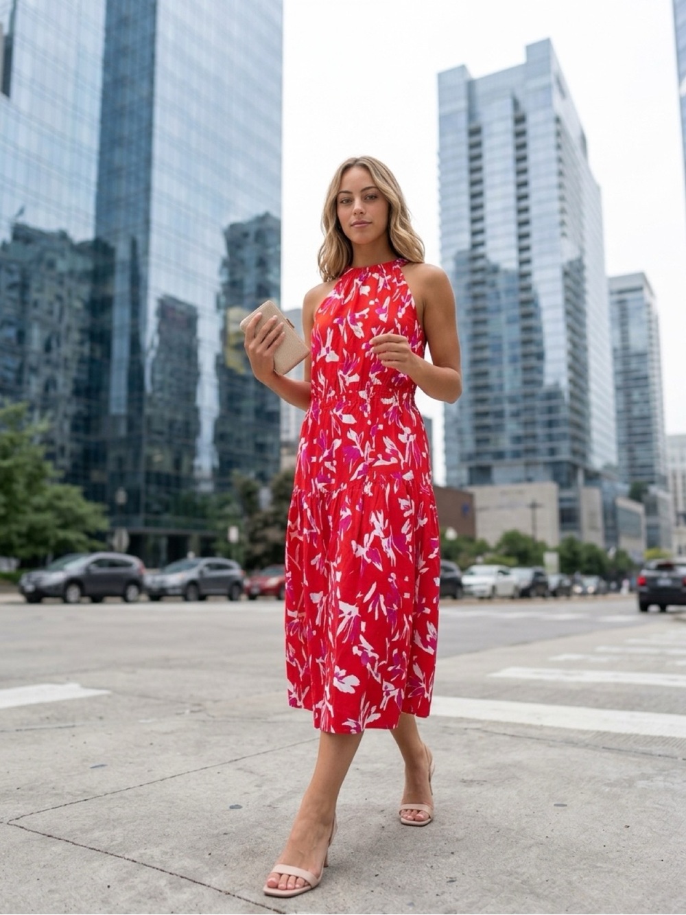 Red Halter Midi Dress with White Print - Women